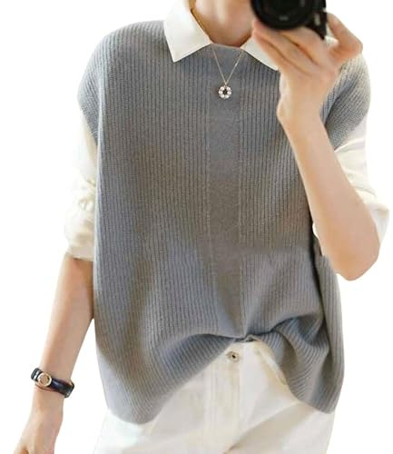 LIUYUYOUGO Pullunder Für Damen,Damen Strickpullover Weste Lässige Graue Wolle Gerippt Rundhalsausschnitt Herbst Winter Warmer Lockerer Ärmelloser Pullover Westen Stricken Tank Top Cami Bluse,L
