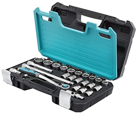 HB 25-teiliger Steckschlüsselsatz AKM018-G mit 120-Zahn 1/2 Umschaltknarre Schnelllöseknopf Offset Design Verlängerung Profi Werkzeugset Chrom Vanadium Stahl Blasformkoffer Made in Taiwan