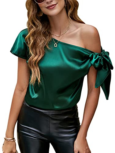 Funspread Womens Off Shoulder Tops Tie Knot Short Sleeve Blouse Asymmetrical Neck Satin Shirts Dark Green XL