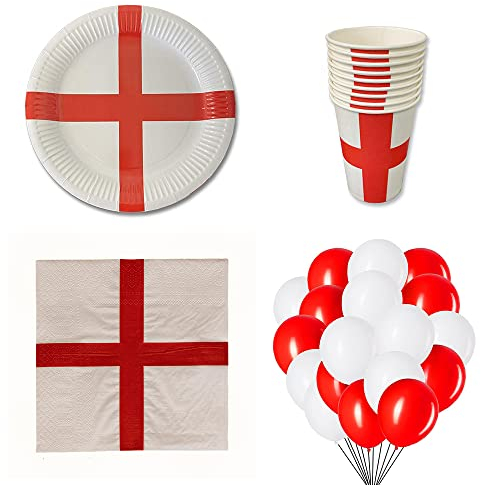 England Football Party Decorations Set 90PCS – 25 Flag Bunting (10m), 20 Plates, 20 Cups & 25 Napkins | England Football & World Cup Party Supplies