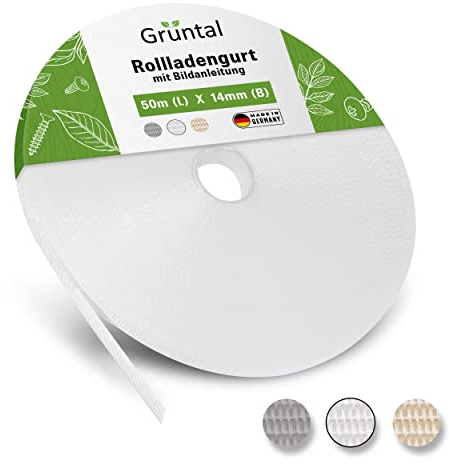 Grüntal® 50m Rollladengurt 14mm 23mm [Made in Germany] mit Anleitung- Für bis zu 8 Rollladen [Hohe Stabilität durch doppelte Webkanten]- schneller Rolladengurt-Wechsel
