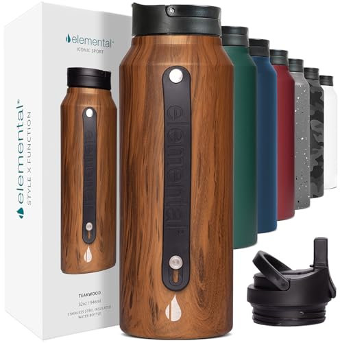 Elemental Iconic Triple Wall Vacuum Insulated Water Bottle with Straw & Sports Lid, Stainless Steel Metal Water Bottle for Gym, Travel, & Sports, Reusable Leak Proof Flask, 32oz - Teak Wood
