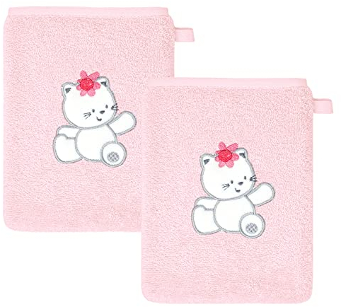Lashuma Set di 2 panni per il lavaggio, 15 x 21 cm, rosa, per bambini, con ricamo, motivo: gatto