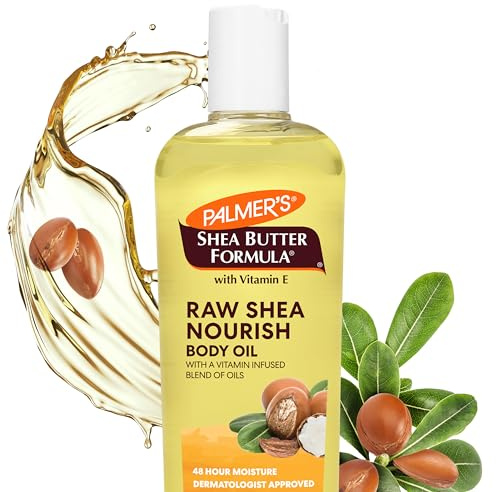 Palmer's Shea-Formula Raw Shea Körperöl mit Vitamin E, Tiefenfeuchtigkeitscreme zur Beruhigung und Pflege trockener, empfindlicher und zu Ekzemen neigender Haut, 241 ml