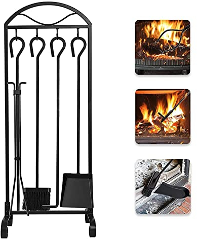 MTSON Kaminbesteck Zeitgemäßes Kaminwerkzeugset Dekor, Kompaktes, Strapazierfähiges Kaminbesteck mit Schürhaken, Schaufel, Zange, Bürste, Ständer, Schwarz