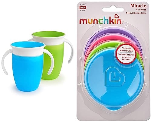 Munchkin Tasse d’Apprentissage Miracle 360, Gobelet Bébé, Tasse Enfant sans BPA avec Poignées, Tasse Magique Antifuites - 207 ml, Lot de 2, Bleu/Vert & Tasse Miracle 360ᵒ Couvercles - lot de 4