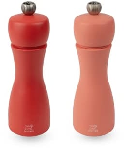 PEUGEOT - Pfeffermühle + Salzmühle Tahiti Feuer 15 cm + Pfeffer & Steinsalz - Klassische Mahlgradeinstellung - Aus PEFC-zertifiziertem Holz - Französiches Know-How - Ziegel- & Flammenrot