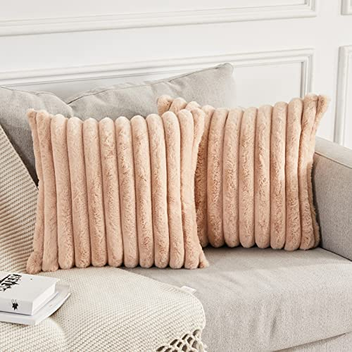 Joyouth Pack of 2,Double-Sided Faux Fur Plush Decorative Throw Pillow Covers Fuzzy Striped Soft Pillowcase Cushion Covers for Sofa Couch Bedroom Khaki 16x16 inch