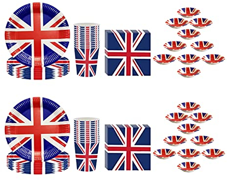 Lizzy Union Jack Tableware Set 20 Plates, 20 Bowls, 20 Cups & 40 Napkins | Royal Event Lunch Dinner Table Decoration Accessories Indoor Outdoor Party