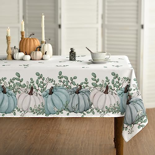 Horaldaily Herbst Tischwäsche 130x220 cm Rechteckig, Erntedankfest Herbsternte Blaues Kürbis Eukalyptus Tischdecke für Party Picknick Abendessen Dekor