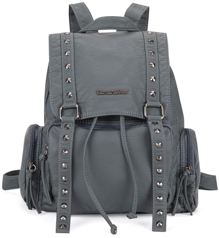 Montana West Rucksack für Damen, weiches gewaschenes Leder, Kordelzug, lässiger Reiserucksack, Nieten Jeans, Medium, Reiserucksäcke