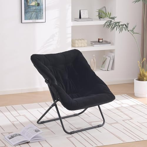 YOTATING Untertassenstuhl, bequemer Kunstpelzstuhl, klappbarer, weicher, pelziger Lounge-Lazy-Stuhl, Metallrahmen, Moon Chair, Akzentstuhl für Schlafzimmer, Schlafsäle, Schlafsäle, Schlafsäle, Schwarz
