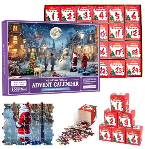 POPOYU Advent Calendar 2025 Christmas Jigsaw Puzzle for Kids and Adults Xmas Gift,1008 Pieces Xmas Puzzles in 24 Box 24 Days Christmas Countdown Jigsaw Puzzles Santa Claus Puzzles for Home Wall Decor
