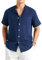 Enlision Mens Cotton Linen Shirts Dark Blue Short Sleeve Grandad Collarless Shirts for Men Button Down Regular Fit Summer Beach Holiday Henley Tops M