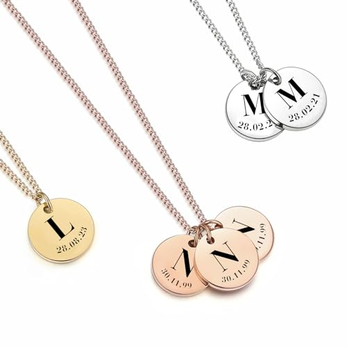 Personalisierte Kette mit Buchstaben und Datum - Initialen Pärchen Halskette, Muttertag, Valentinstag, Geschenk, Mutter Tochter Namenskette, Freundschaftskette - in Gold, Silber und Rosegold