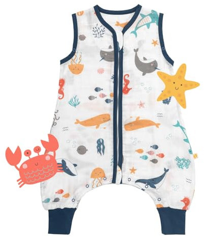 Slumbersac gigoteuse à pieds été pour bébé 0.5 Tog 70 cm en mousseline de bambou, douce et légère, Animaux marins | Turbulette été non rembourrée avec ouvertures aux jambes, taille 70-80 cm