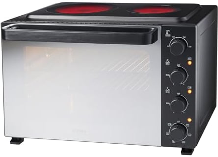 Cooks Professional Mini Portable Oven with Ceramic Hobs | Energy Efficient Electric Countertop Cooker with Two Hobs & Wire Rack Baking Tray | Kitchen Grill Ovens | 48L Capacity | Black Contemporary