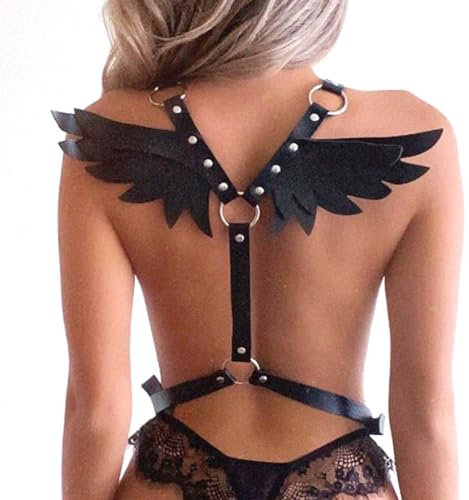 Moinha Leder Harness Damen SM Sexy Flügel Aushöhlen Leder BH Punk Body Brustgurt Wings Fetisch Riemenbody Brustgurte mit Engelsflügel BDSM Bondage Mit Schnallen Gothic Verstellbarer Clubwear Schwarz