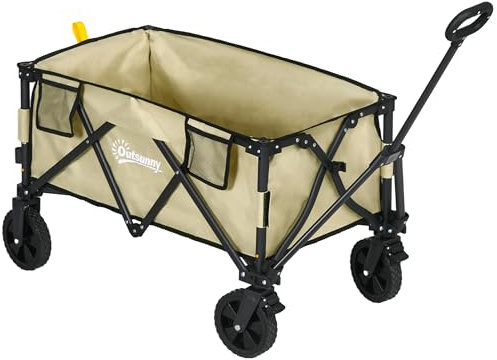 Outsunny Carrello da Giardino Pieghevole da 78L con Maniglia Telescopica, Carrello da Esterno in Acciaio, Tessuto Oxford e Plastica, 105x52x70-110 cm, Color Kaki