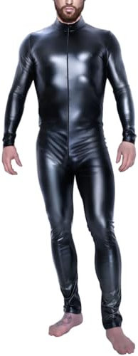 Moinha Herren Wetlook Catsuit Sexy Lackleder Body Jumpsuit Eng Männerbody Erotische Ganzkörper Anzug Trikot Leotards mit Reißverschluss Lederoptik Unterhemd Party Nachtclub Kostüm Bodysuit
