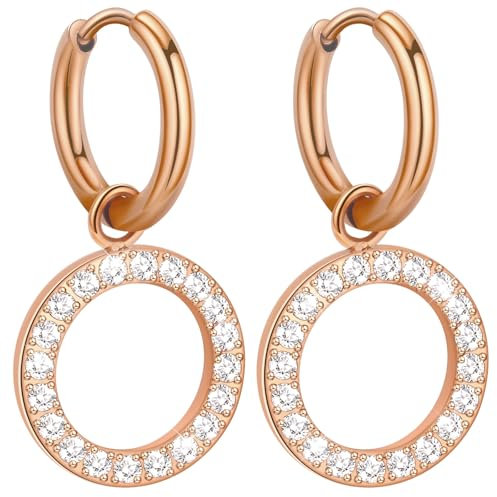 Ohrringe Rosegold Hypoallergen Ohrringe Damen Rosegold Creolen mit Anhänger, Creolen Wasserfest Edelstahl Ohrstecker Damen Geschenke für Frauen Valentinstag