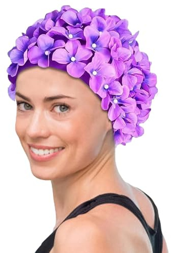 Badekappe Blumen Damen, Badekappe Damen mit Blumen, Badekappe Damen Wasserdicht Retro, Badekappe mit Blumen für langes/kurzes Haar