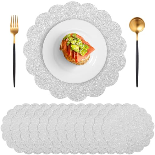 120 Pcs Silver Glitter Paper Placemats, 13.5 Inch Scalloped Disposable Placemat Round Sparkle Table Place Mats Decorative Paper for Birthday Wedding Banquet Party