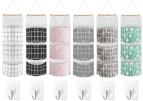 Chostky 6 Stück Wand hängende Aufbewahrungstasche, Wandschrank hängende Organisator, 3 Taschen wasserdicht über die Tür Leinen Farbric hängende Lagerung Poucher mit 6 Haken für Schlafzimmer Bad Küche