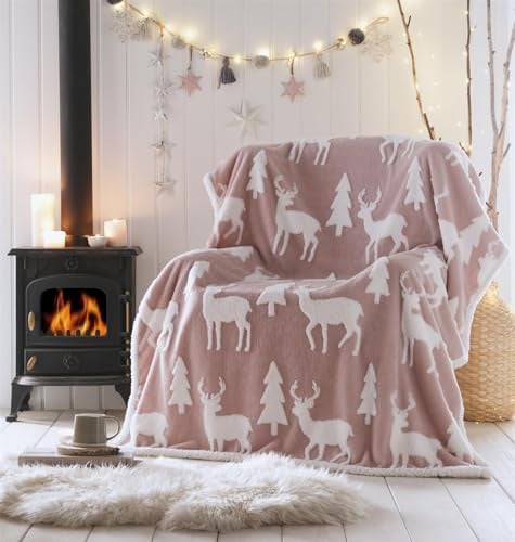 Portfolio Living Reindeer Throw Pink Fleece Blanket Reversible Sherpa 130x170cm