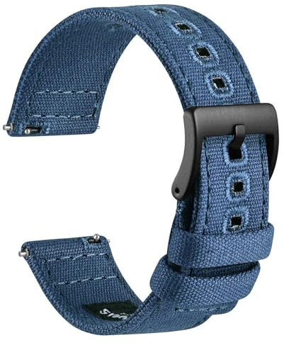 WOCCI 20mm Segeltuchstoff Uhrenarmband, Schnellverschluss, Ersatzband, Schwarze Schnalle (Leichter Denim)