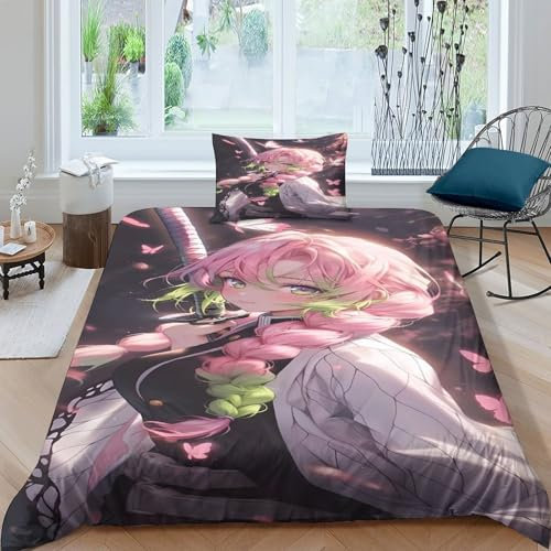 Anime Demon Slaye 3D Gedruckter Kochou Shinobu Cartoon Für Kinder Mädchen Jungen Bettbezug Set Bettwäschegarnitur Weich Microfaser Bettwäsche Reissverschluss Und Kissenbezüge Single(135x200cm)