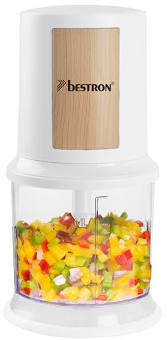 Bestron Hachoir électrique, mini hachoir idéal pour les légumes, les oignons, Deux lames de coupe & capacité de 500 ml, Nordic Home Collection, Coleur: Blanc/Imitation bois