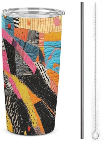 FZMTLDS A Colorful Quilt Tumbler Leak-proof Large Capacity Car Cup Stainless Steel Water Bottles with Handle Insulated Coffee Cup Travel Mug Gifts for Women Men
