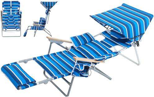 Strandliege mit Rucksackfunktion, 4-in-1 Strandliegestuhl mit Sonnenschutzdach, Sonnenliegen mit Öffnungen für Gesicht und Arme, Lendenkissen, Gartenstuhl mit Armlehnen aus Buchenholz (Marineblau)