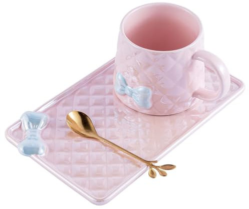 VollfitYYu Süße Schleife Kaffeetasse Kreative Tasse mit Unterteller(22.3x13.3cm) und Löffel 350ml Porzellanbecher Frühstückstasse für Muttertag Valentinstag Geburtstag Jubiläum (Rosa)