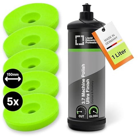 Liquid Elements - Auto Politur Set Ultra Finish 1L - Autopolitur Set mit 5x 150mm Polierschwamm Centriforce V2 – Lackaufbereitung Komplettset ideal für alle Poliermaschinen