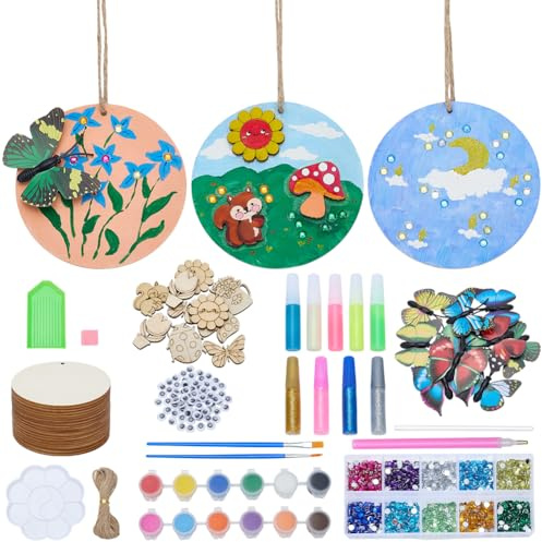 WEBEEDY 20 Ensemble de Peinture Sur Bois de Fleurs Papillon pour Adultes Débutants Kit de Peinture Sur Bois Phosphorescente DIY avec Tranches de Bois de 8cm pour Décoration Murale