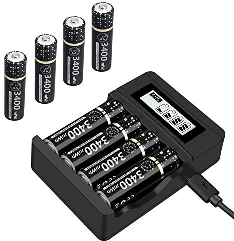 Palogreen 8 batterie AA da 3400 mAh con caricatore – 1,5 V/litio AA ricaricabili con display LCD, caricatore rapido, 4 slot per batterie agli ioni di litio Mignon AA, Micro AAA
