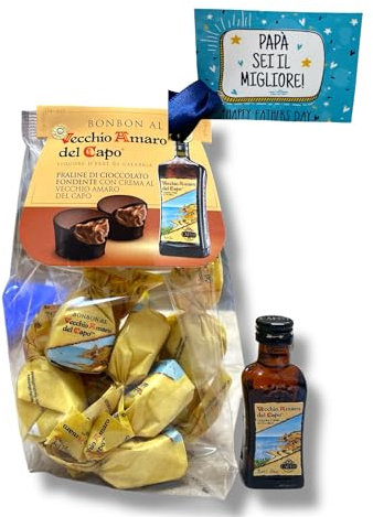 Regalo Festa del papà- Sacchetto Regalo 200g di Cioccolatini Amaro del Capo con Mini Bottiglia 20ml idea party