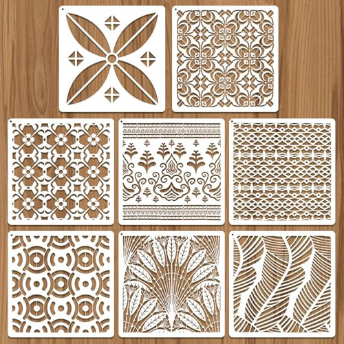 JSRQT 8 Stück Große Gemischte Textur Schichtschablonen, Geometrische Mandala Dekorationsvorlagen zum Malen 20×20 cm, Wiederverwendbares Schablonenset aus Kunststoff für Möbel Boden Leinwand Holz Glas
