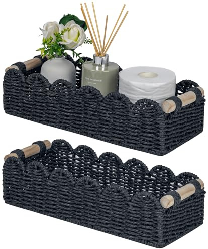 CubesLand Bathroom Basket Organizer, Toilet Tank Paper Storage Baskets 2PK | Scalloped Decorative Basket for Countertop w/Handle, Wicker Basket for Bathroom Decor, Home Decor, Living Room, Black