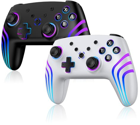 2pcs Controller für Switch/Switch 2/Lite/OLED/PC, Controller für Switch mit 7 Farbwechselnde RGB Beleuchtung/Dual Vibration/6 Achsen Gyroskop/Turbo, Ergonomisch Präzise Joystick(Weiß + Schwarz）
