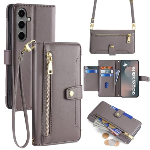 betterfon Handykette kompatibel mit Samsung Galaxy S25 FE | Leder Handyhülle mit Kartenfächern | Handyhülle zum Umhängen | Grau
