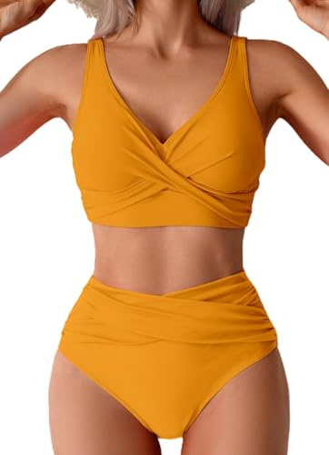 Sangdut Badeanzug Damen Set Push up High Waist Triangel Breites Unterbrustband Mit Cups Zweiteiliger Badeanzug Swimsuits(Gelb,XL)