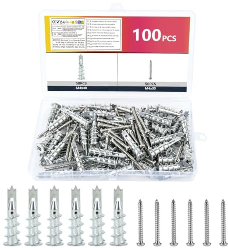 LiangSanXin 100 Tacos Tornillos Acero Inoxidable Placas de Yeso | Tacos pladur con tornillos autoperforantes de acero inoxidable, fijaciones robustas para paneles y paredes de yeso