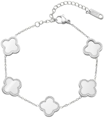 YEJAHY Kleeblatt Armband Damen Gold, 18K Vergoldet Titanstahl Wasserfest, Glücksarmband Damen 16-21cm, Hypoallergener Kleeblatt Schmuck, Freundschaftsarmband Gold mit Geschenkbox (Silber)