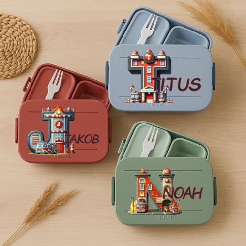 Mepal Brotdose personalisiert mit Namen – Bento Brotdose Kinder mit Fächern & Gabel – Lunchbox Feuerwehr Buchstabe Druck – Brotdose Schule Kindergarten BPA frei spülmaschinenfest