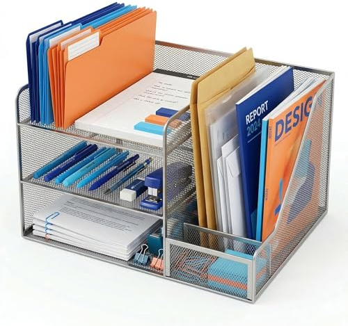 Relaxdays Schreibtisch Organizer, 5 Ablagen, vertikaler Ordnerhalter, Büro, HBT: 23,5 x 37 x 30,5 cm, Metall, Silber
