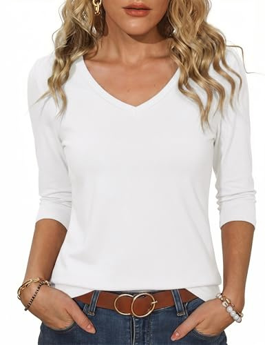 Totatuit Women's 3/4 Sleeve T Shirts V Neck Basic Tops Casual Tees for UK | Solid Color, Relaxed Loose Fit,Soft Lightweight, Skin Friendly, Elegant Blouses, Work Outfits, Daily Looks Spring Autumn Tops