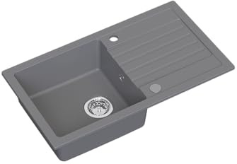 HOMEVELLO Spülbecken MOXY Einbecken Granitspüle 77x44x17,5cm Grau, Hochwertige Küchenspüle mit Siphon, Abtropffläche, Pflegeleicht, Kratzfest, Moderne Design, Perfekt für jede Küche